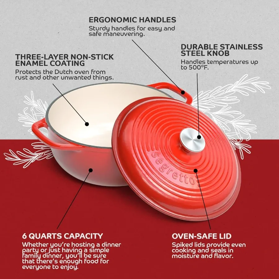 Enameled Cast Iron Dutch Oven with Handle, 6 Quarts, Rosso (Gradient Red) Cast Iron Dutch Oven with Lid | Enameled Crock Pot Dut