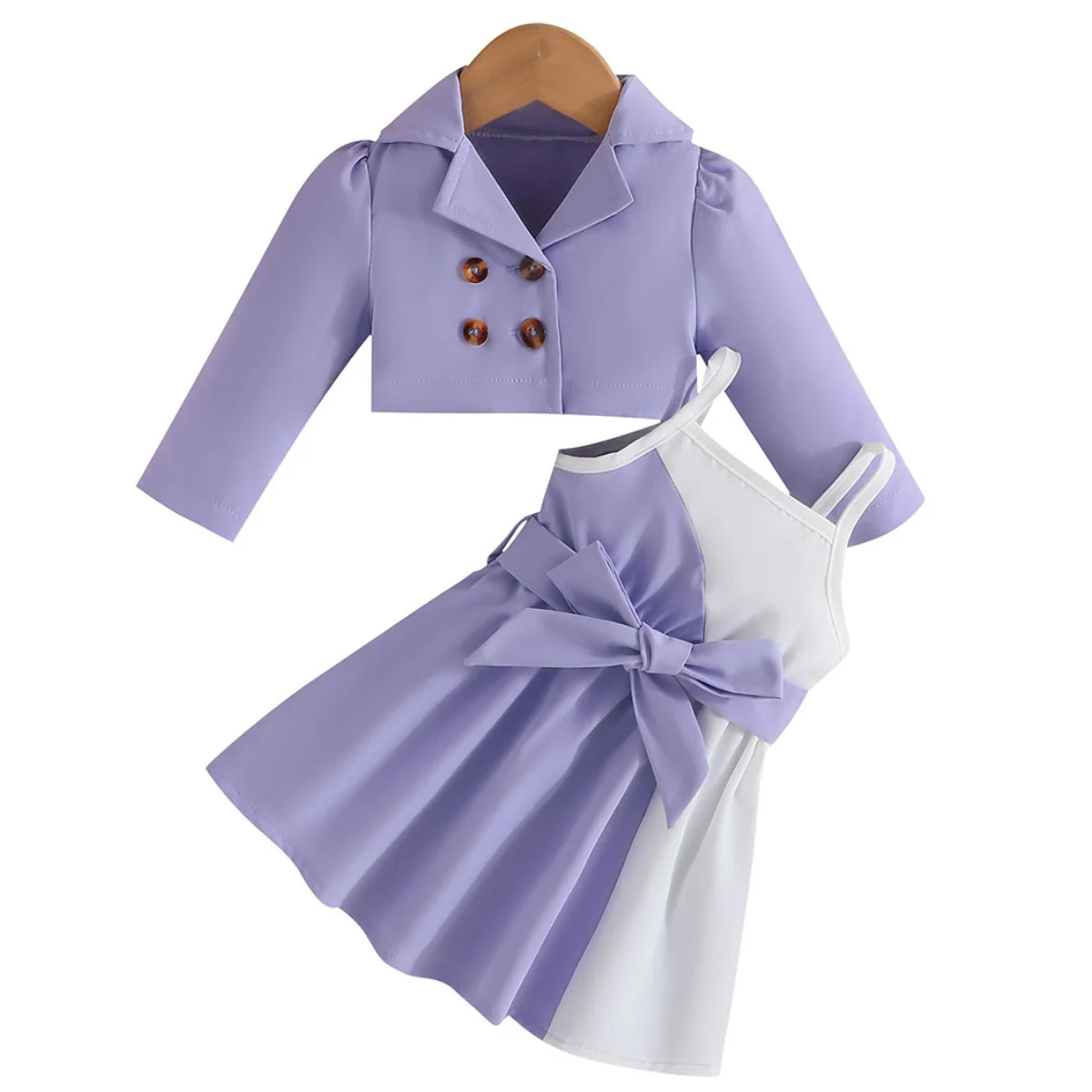 

Spring and Autumn New Spliced Waist Suspended Skirt+Polo Collar Long Sleeve Temperament Suit Coat Girl Set for 0-4 Years