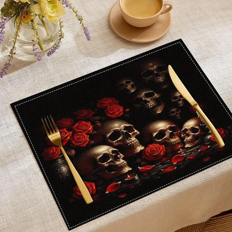 Halloween Place Mats Set Square Table Mats Machine Washable for Autumn Party and Kitchen Decor