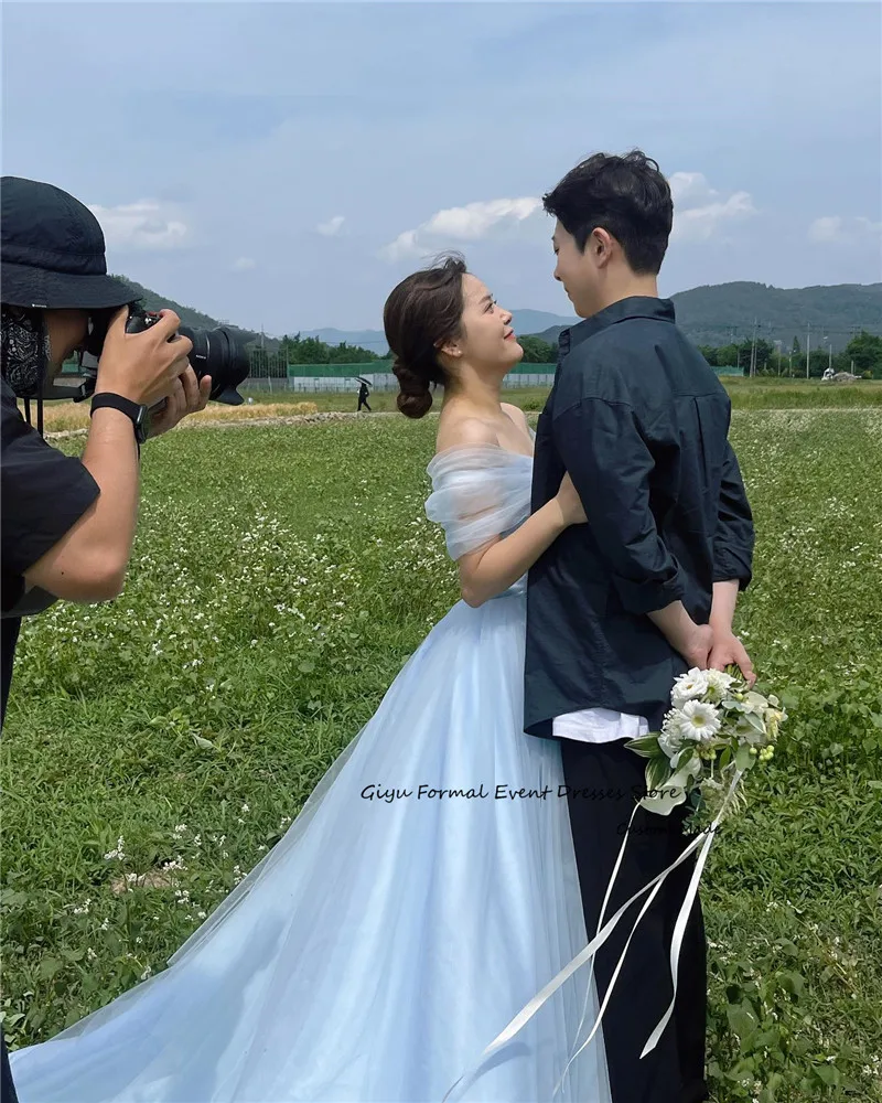 Giyu Elegant Sky Blue Tulle Evening Dresses Korea Lady Wedding Photoshoot Off Shoulder Floor Length Prom Dress Garden Customized