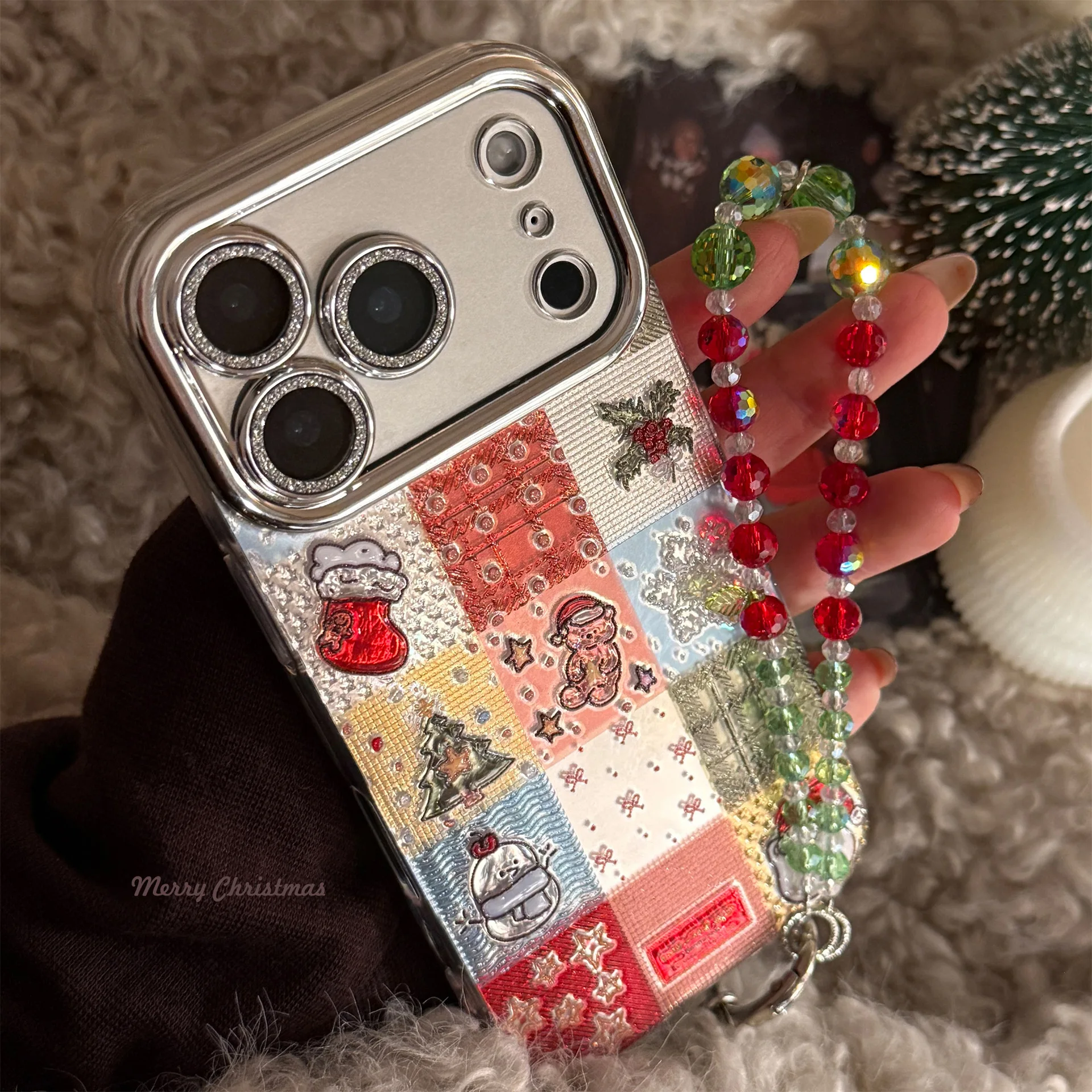 Koreanische Weihnachts-Gittermuster-Glitzer-Handyhülle für iPhone 17, 16, 15, 14, 13, 12, 11, Pro Max Plus mit Kette, stoßfeste Hartschale