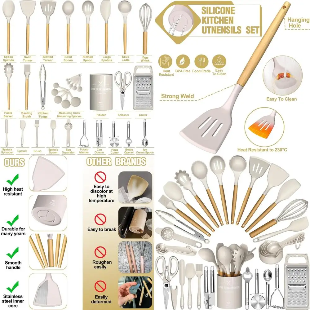 

34-Piece Silicone Kitchen Utensil Set with Heat-Resistant Tools, Grater, and Wooden Handles for Nonstick Cookware