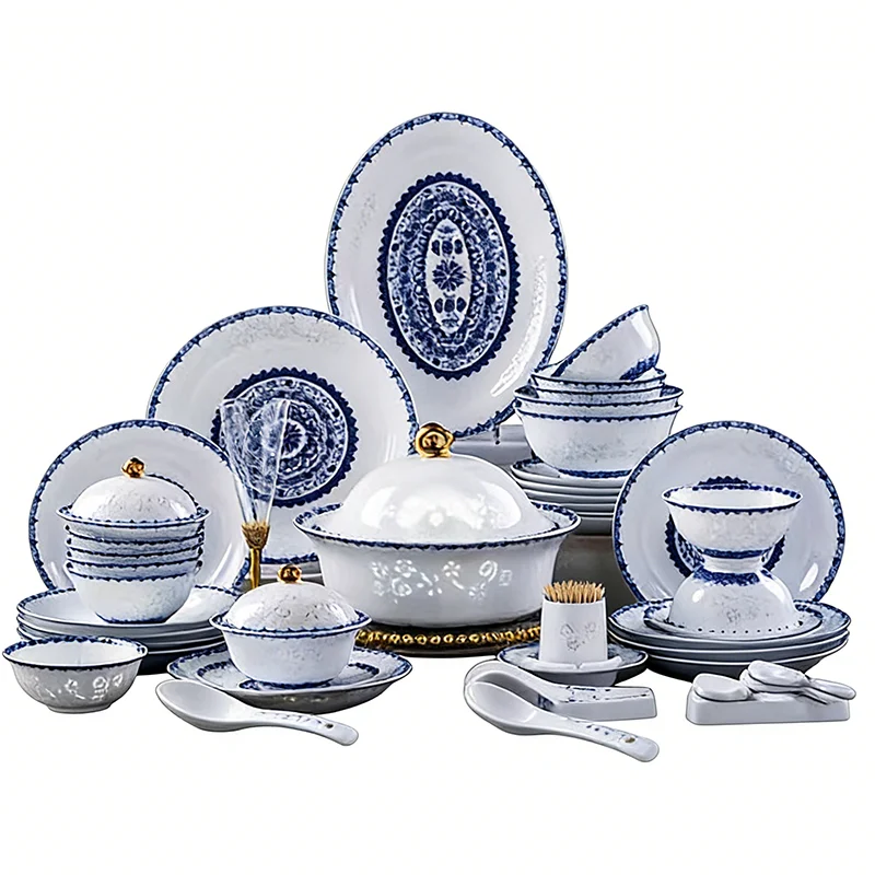 Blue And White Porcelain Dinner Set 18/28/60pcs Ceramics Dish Sets Full Set Luxury China Exquisite Tableware Set 4/6/10 Persons