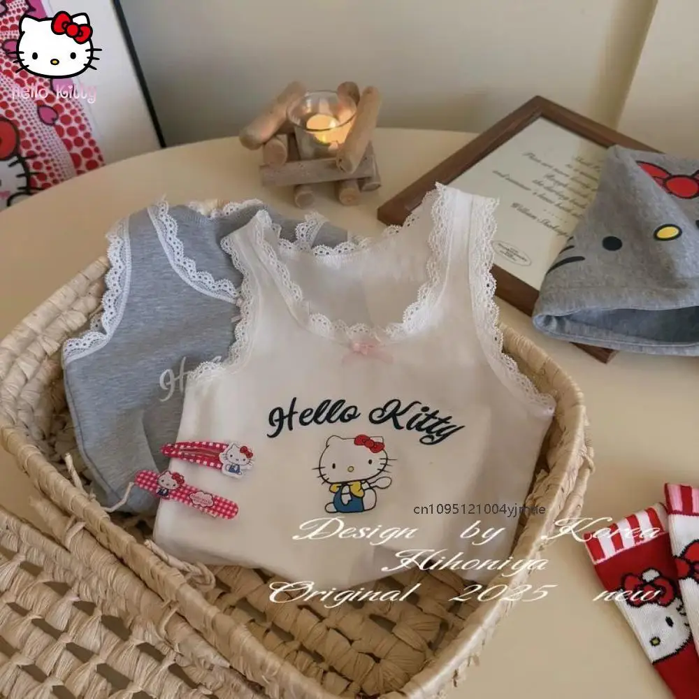 

Hello Kitty Sanrioed, новый летний облегающий топ на подтяжках для девочек, короткий стильный кружевной топ без рукавов Y2K, детский жилет с принтом