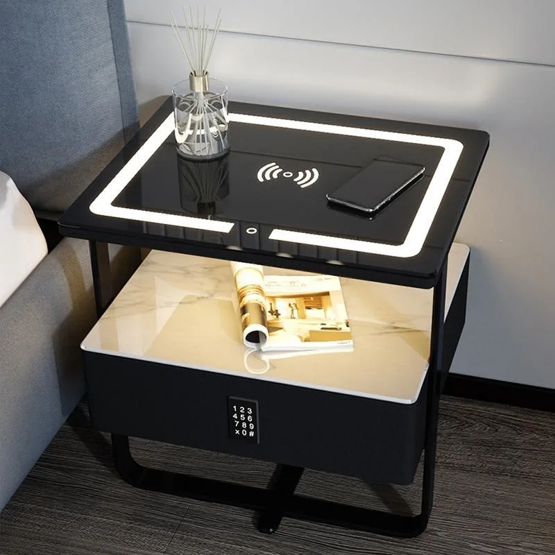 AOLIVIYA Bedroom Bedside Table Nightstand Sofa Side Storage Cabinet Smart Wireless Charging Lock Touch Light Modern Slim