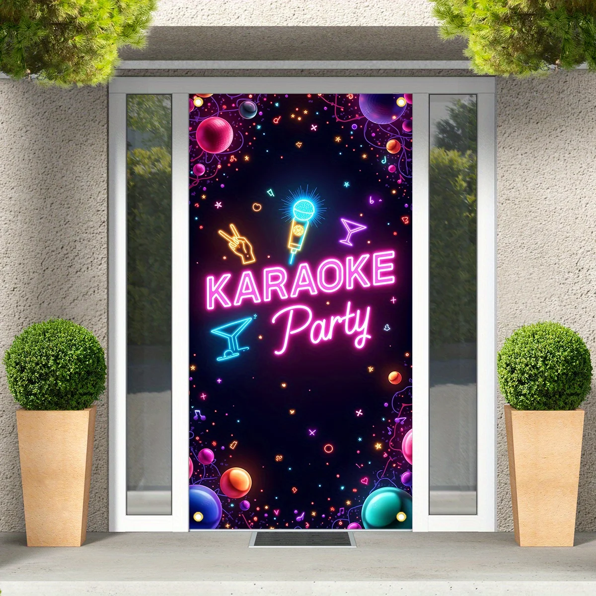 Neon-Karaoke-Party-Türbanner – Lebendige Wanddekoration mit Musikmotiv, Mikrofon, Gitarre und Discokugeldesign