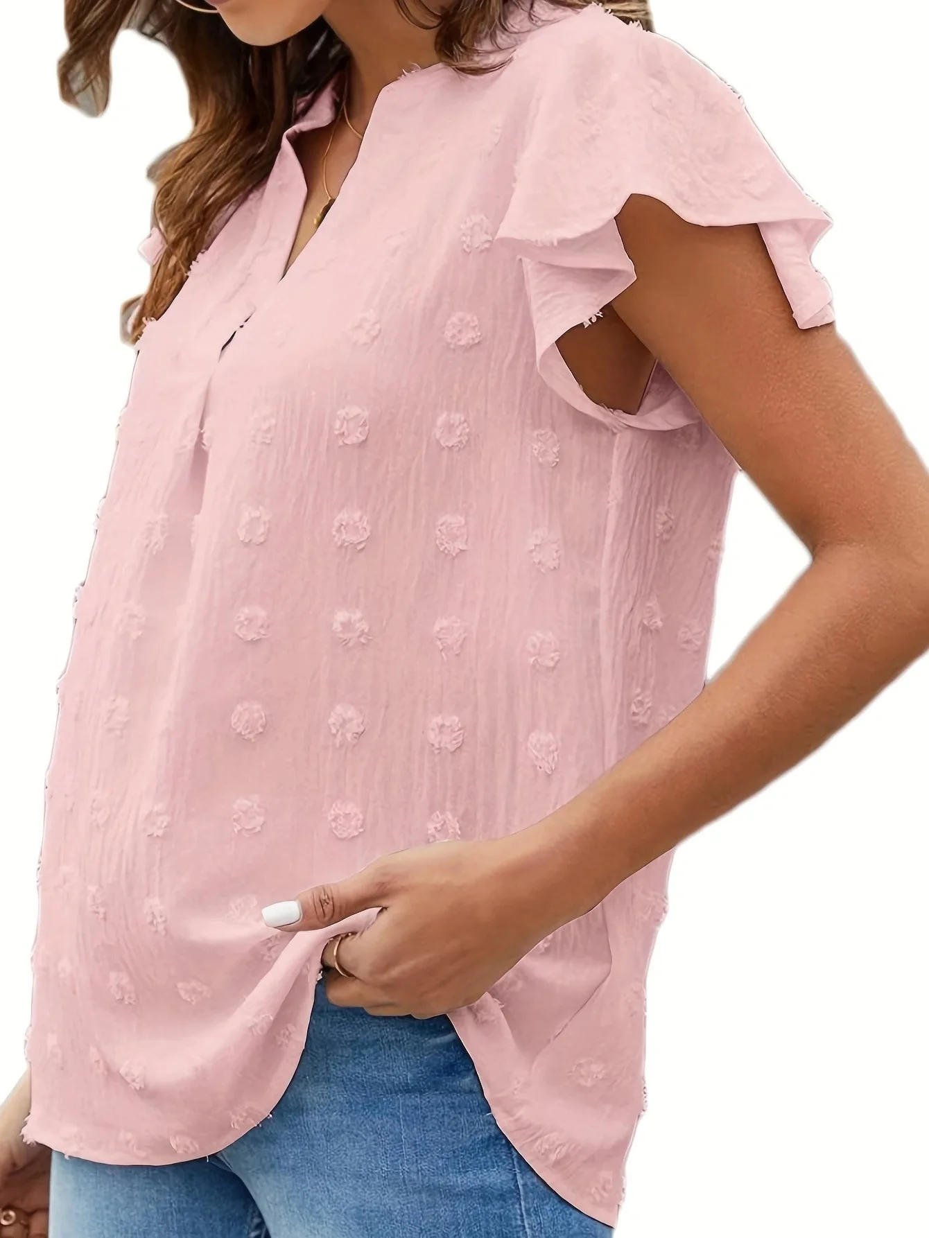 Camiseta de manga de hoja de loto para mujer, Cuello medio abierto, decoración de bola de color puro europeo y n, verano 2024