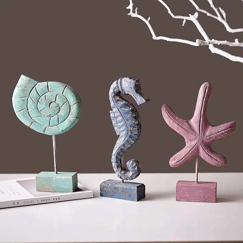 3PCS Mediterranean Starfish Conch Seahorse Statue Figurines Crafts Office Ornament Desk Accessories Home Decor