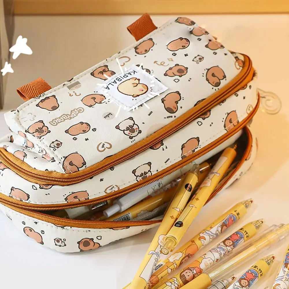 Japanische mehrschichtige Capybara-Briefpapiertasche aus Segeltuch, Federmäppchen, Capybara-Bleistiftbeutel, große Kapazität, Cartoon-Stifttasche für Studenten