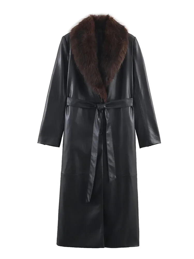 Chic Women's Long Faxu Leather Trench Coat with Luxury Fur Collar  New Fashion Black Belted Slim Fit Overcoat Elegant Outerwear
