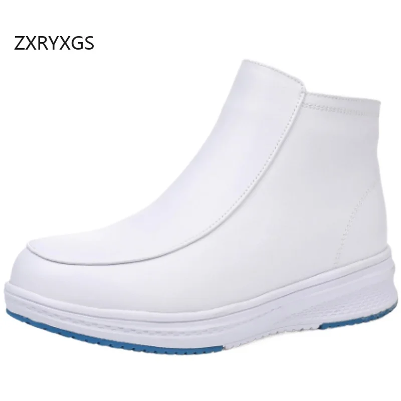 

ZXRYXGS 2025 New Fashion Genuine Leather Single White Boots Nurse Shoes Flat Soft Bottom Women Autumn Winter Boots Large Size