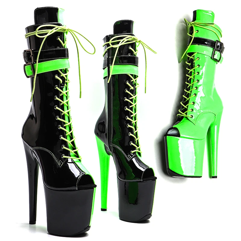 Leecabe  20CM/8inches  Patent  upper black-green  High Heel platform Boots Trend fashion stripper heel  Pole Dance booties