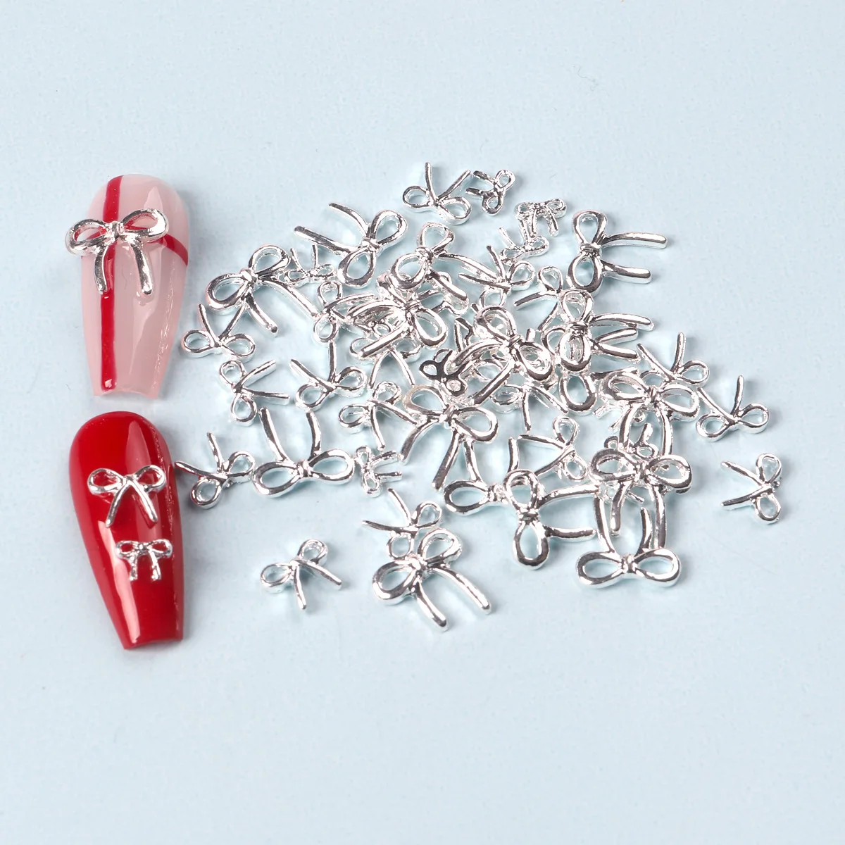 50pcs Mix Size Silver Bow Korea Style Nail Art Charms 3D Nail Decoration Bowknot Nail Accessories DIY Design