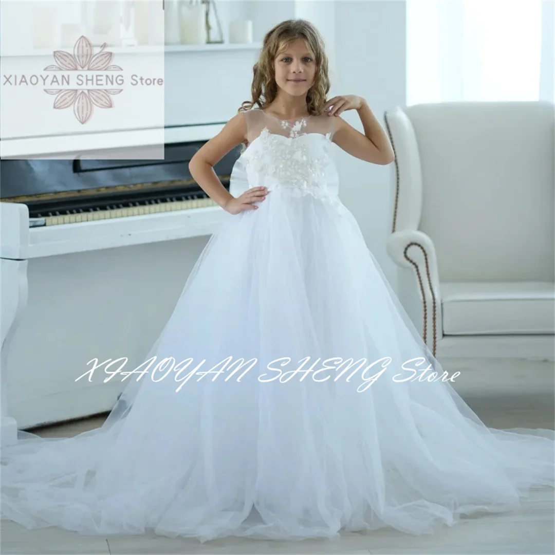 White Flower Girl Dresses Tulle Puffy Appliques With Bow Sleeveless For Wedding Birthday Party First Communion Gown