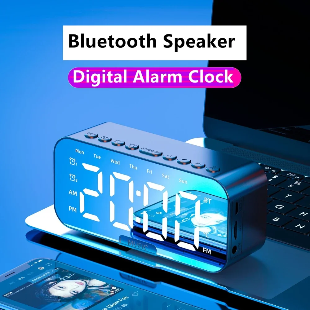 

Desktop Alarm Clock Bluetooth Speaker LED Mirror Screen Digital Alarm Clock Mobile Phone Speaker TF Card Play Wireless Audio