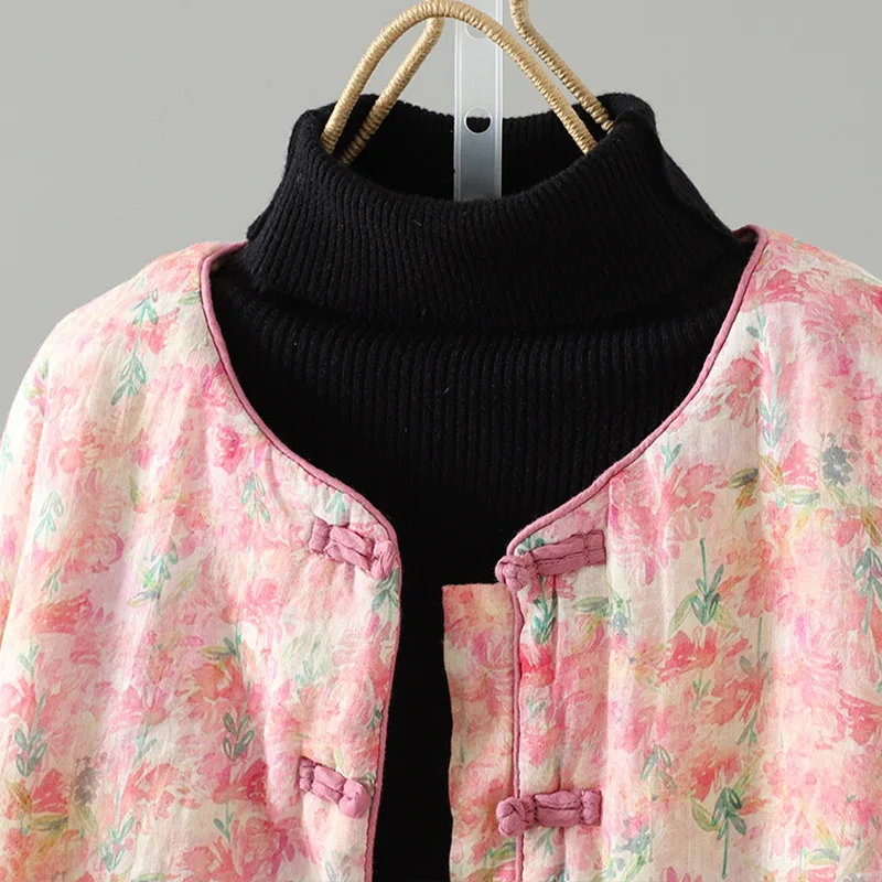 New Chinese Sle Women's Cotton Jaet Lightweight Printed Cotton Coat with Button Loose Fit Long Sve round Ne Winter Coat