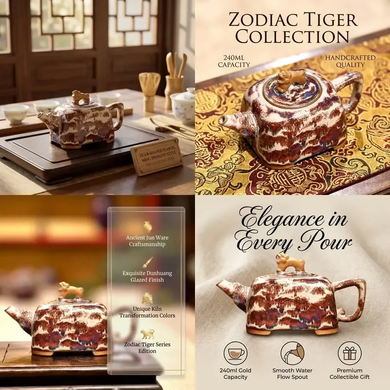 

【CHIMU HOME】 Jun porcelain ceramic teapot with golden tiger knob for hand drip coffee brewing