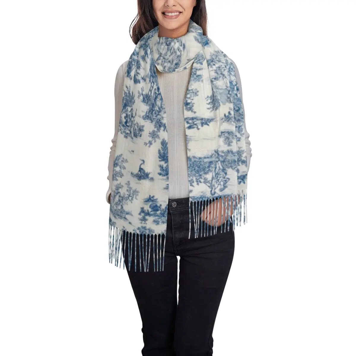 CustomFrench Navy Blue Motifs Toile De Jouy Scarf Wrap Women Long Winter Warm Tassel Shawl Unisex Flora Scarves