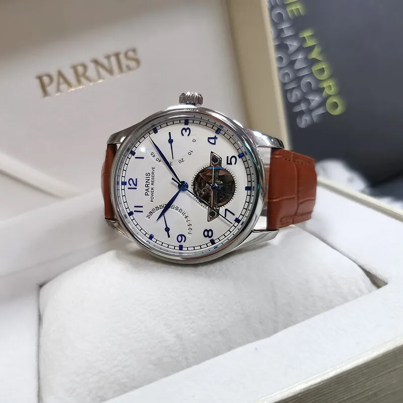 2024 Parnis 43mm White Dial Automatic Mechanical Men\'s Watches Silver Case Men Power Reserve Tourbillon Watch Relogio Masculino