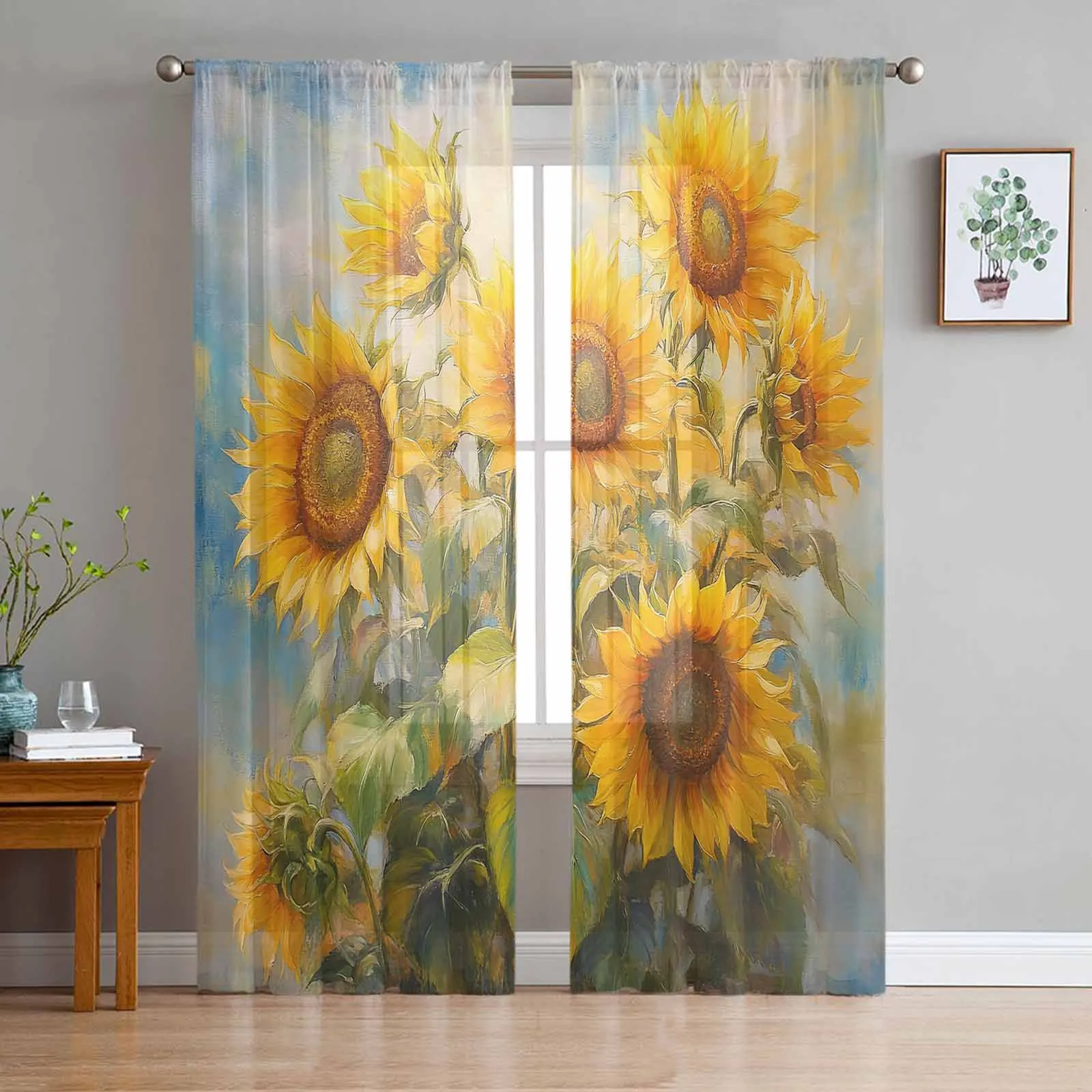 Sunflower Watercolor Gradient  The Sea Sheer Curtains for Living Room Bedroom Home Hotel Coffee Decor Chiffon Tulle Curtains