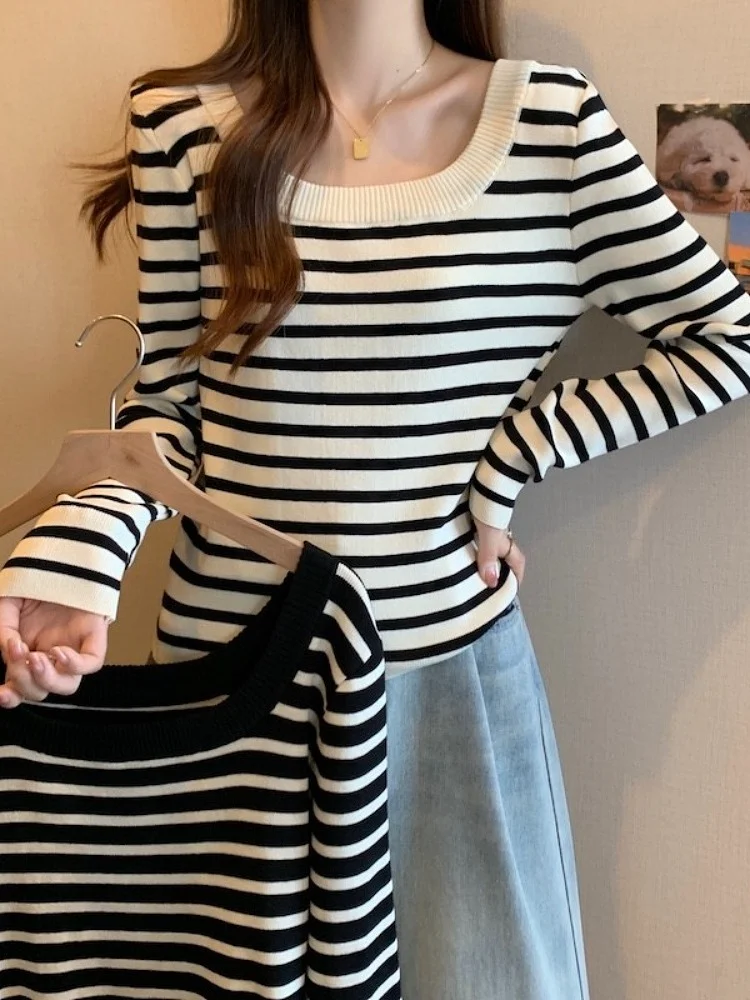 

Bla White Striped Long Sve U-Ne Knitwear Base Layer Top Women's New Sle Korean Maturi Faion Inner Wear T-irt