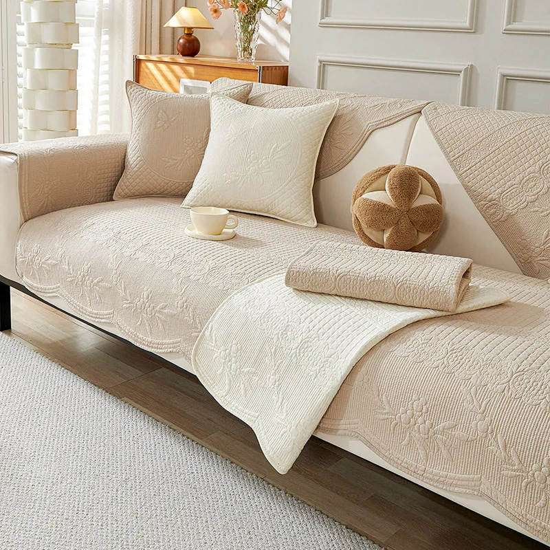 

Чехлы для диванов во французском кремовом стиле, нескользящие однотонные чехлы с рюшами и вышивкой, подушка для сиденья, чехлы для диванов, которые можно стирать в машине