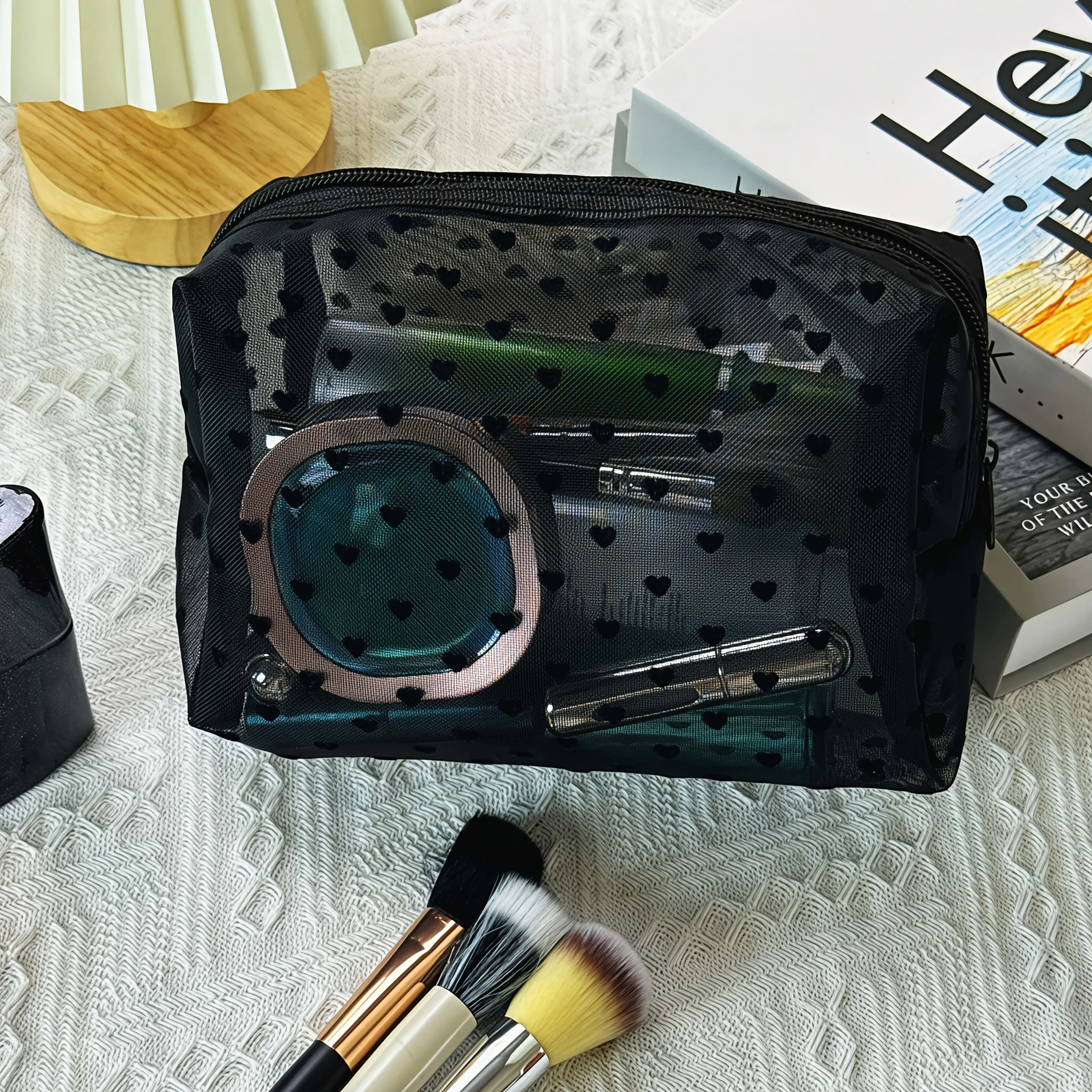 Large-Capacity Heart-Shaped Mesh Makeup and Travel Toiletry 