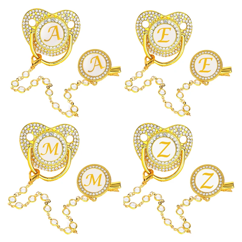 Gold Newborn Pacifier Clip Chain Set 26 Letters Infant Dummy Soother Baby Shower Gift BPA Free Silicone Toddler Teether Nipple