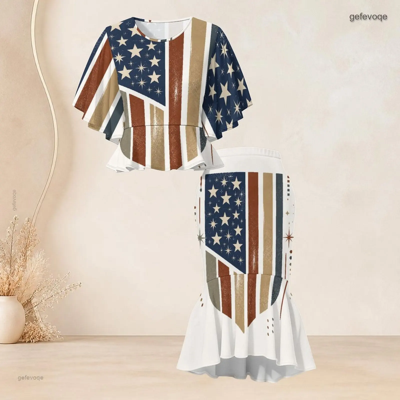 Women Batwing Sleeve Ruffle Hem Top Fishtail Skirt Two Piece Printed Skirt Set