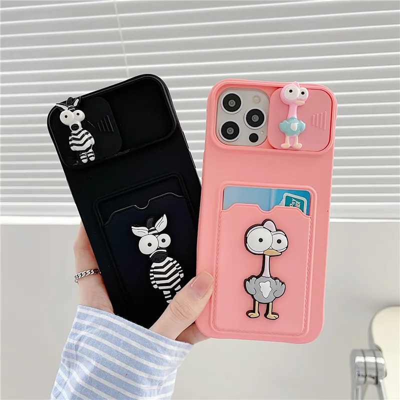 Luxury Liquid Silicone Cartoon Animals Phone Case for iphone 16 15 14 13 12 11 Pro Max 78 Plus X Xs card Holder wallet soft Case