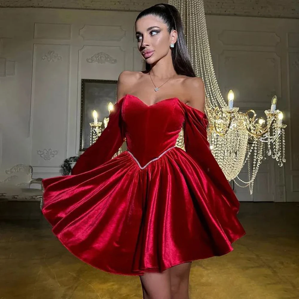 

Burgundy velvet Homecoming Dresses Long Sleeves dress for graduation Beaded Short Prom Dresses Cocktail Party Gowns robe de