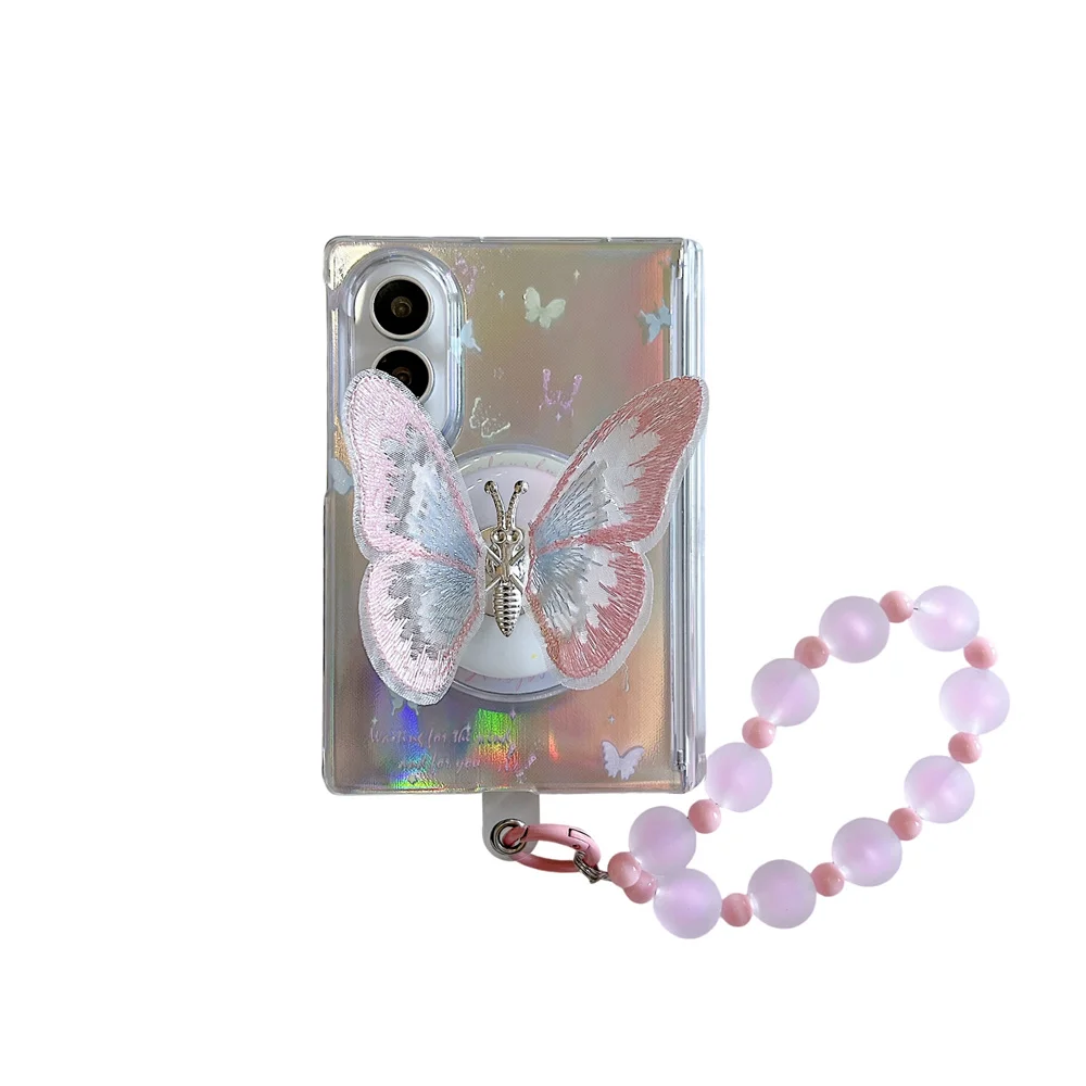 Embroidery Butterfly Pop Socket Stand Phone Case For Samsung Galaxy Z Fold 8 Frosted Chain Shockproof Hard Cover For Women
