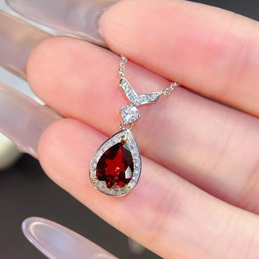 Genuine 925 Silver Necklace 6x8mm Natural Garnet Necklace with Certificate 18K Gold Plated Silver Garnet Fine Jewelry