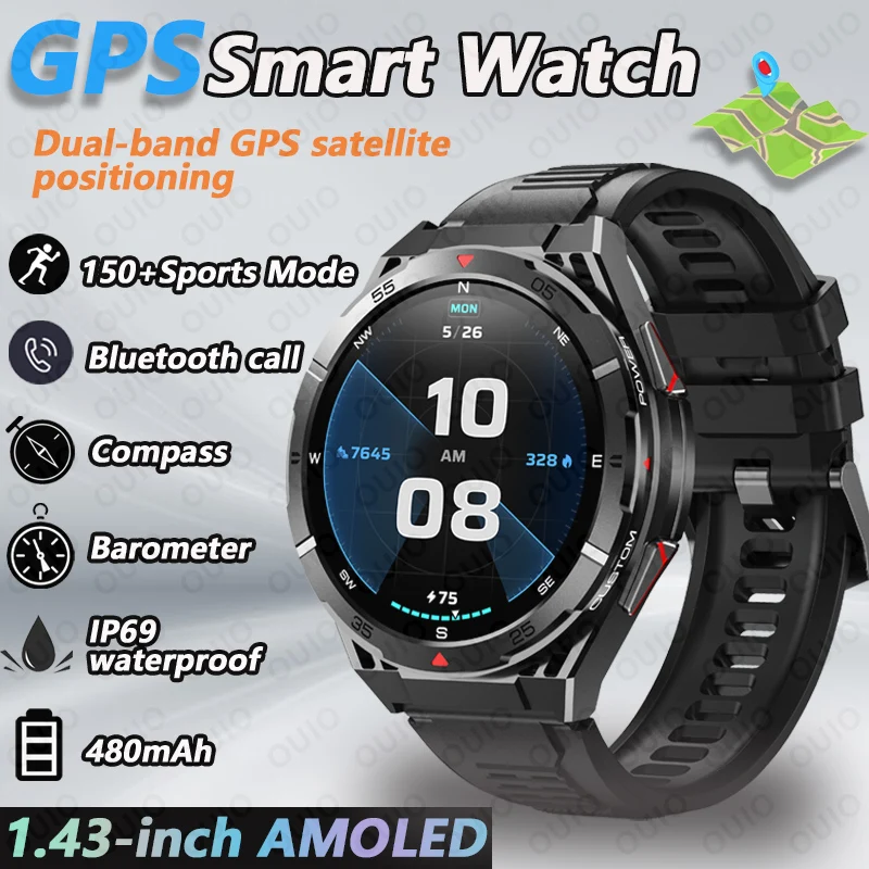 

Двухдиапазонные GPS-смарт-часы с спутниковым позиционированием для мужчин, 1,43 дюйма, 3 атм, водонепроницаемые, с искусственным интеллектом, голосовой вызов, Bluetooth, 150 + умные часы в спортивном режиме