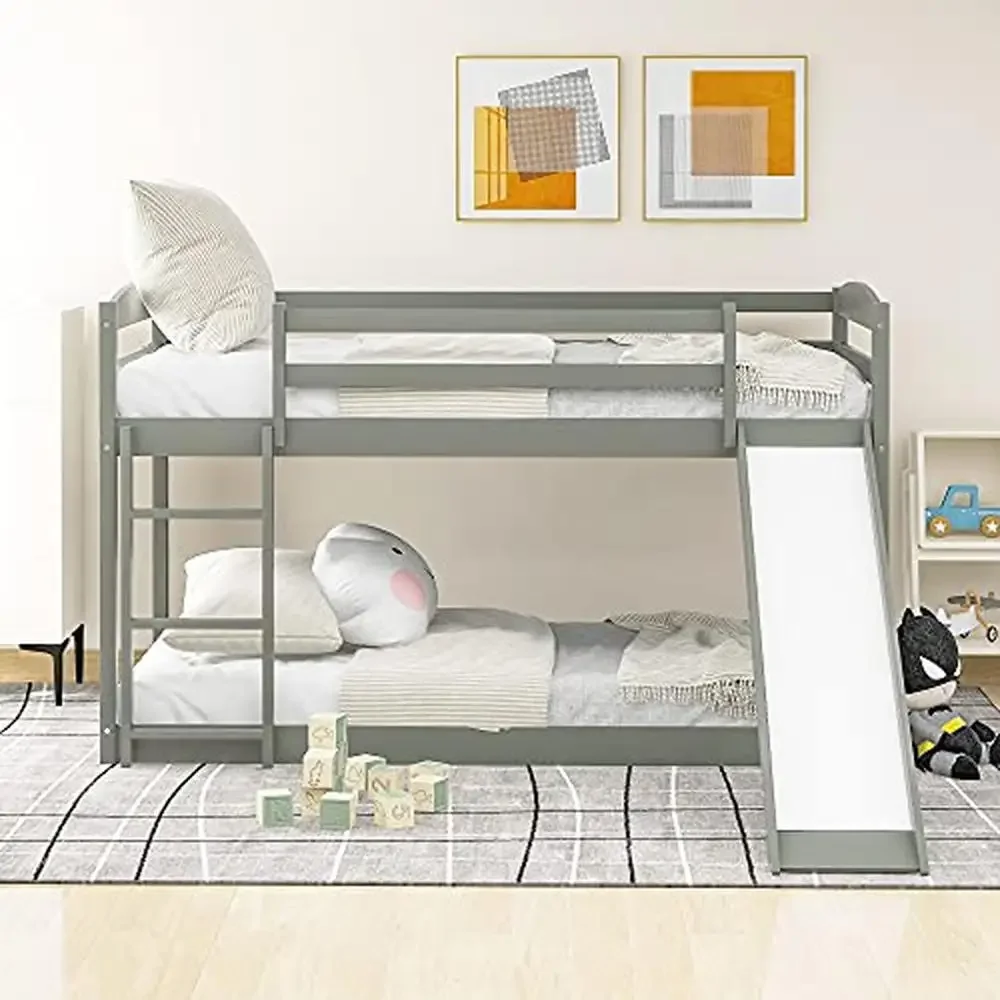 Wood Bunk Bed Frame with Slide and Ladder Sturdy Construction Easy Assembly Twin/Twin Size Modern Design Gray Finish Convertible