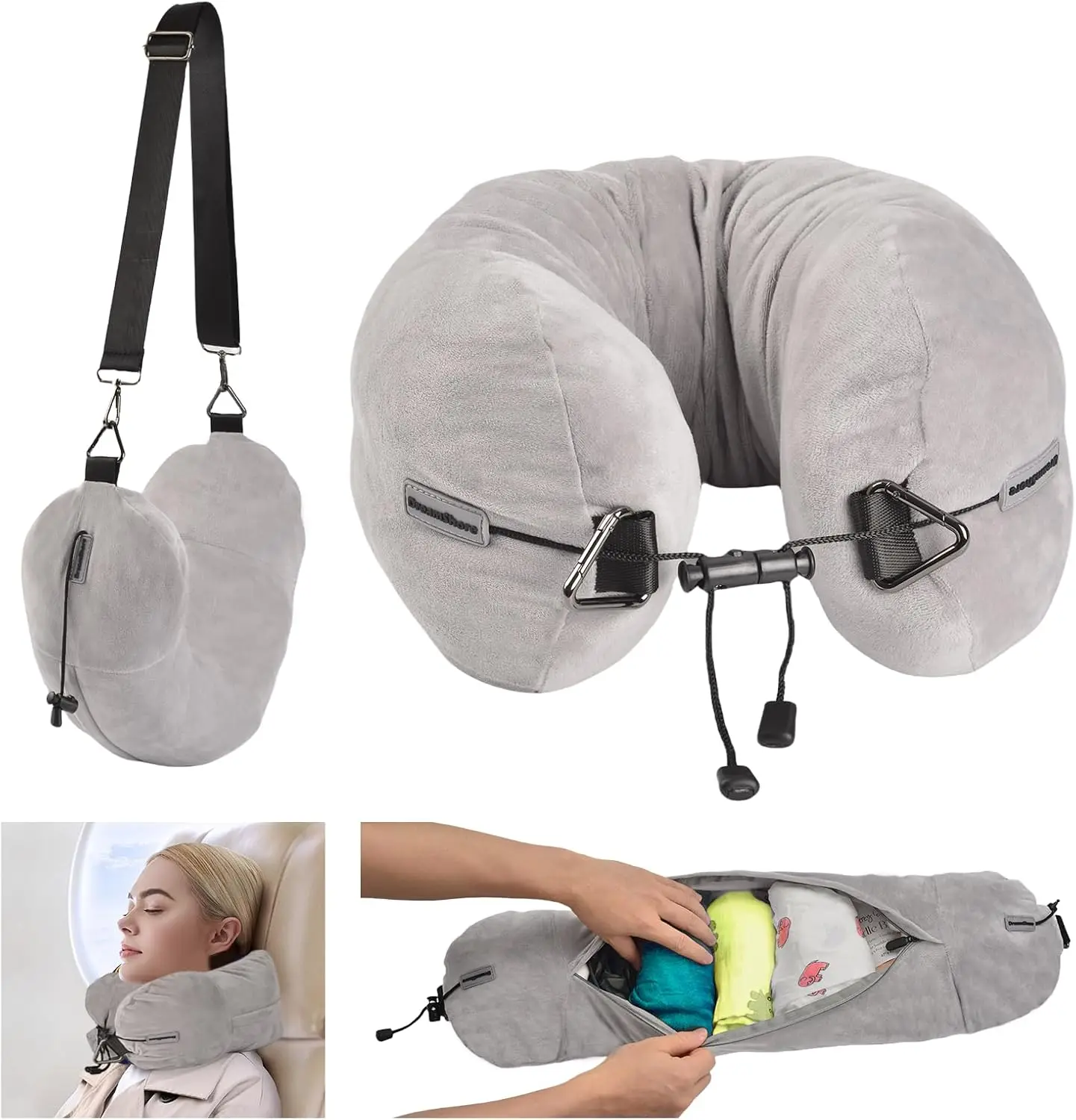 

Adjustable Stuffable Travel Neck Pillow: Holds 3+ Days Essentials, Soft Velvet Cover, No Filler Needed