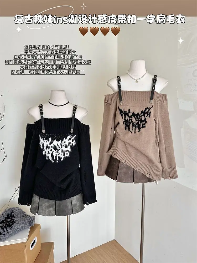 Hip Hop Off Shoulder Long Sleeves Strap Knitted Pullover Autumn Winter New Hottie Hole Loose Sweaters Grunge Top Sueter Mujer
