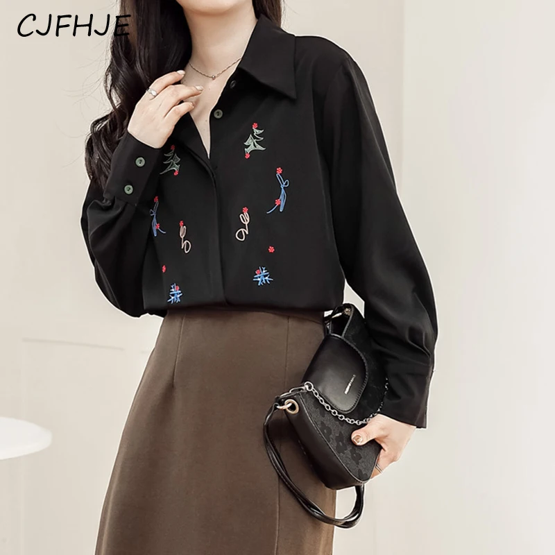 CJFHJE New Women's American Retro Long Sleeved Embroidered Shirt Fashion Loose Fitting Women POLO Collar Solid Color Top Shir