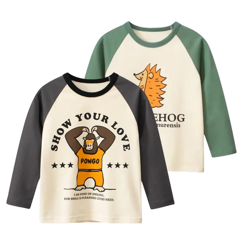 2024 Autumn New Boys Cartoon Orang T-shirt Children's Clothing Long Sleeve Cotton O-Neck Shirt Cotton Tops Kids Clothes 2-9Y