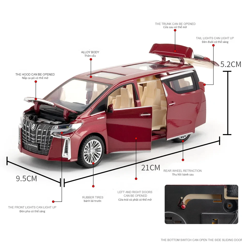 1:24 Toyota ALPHARD MPV Van Diecast Toy Car Model Miniature Pull Back Sound & Light Doors Openable Collection Gift Boy C317