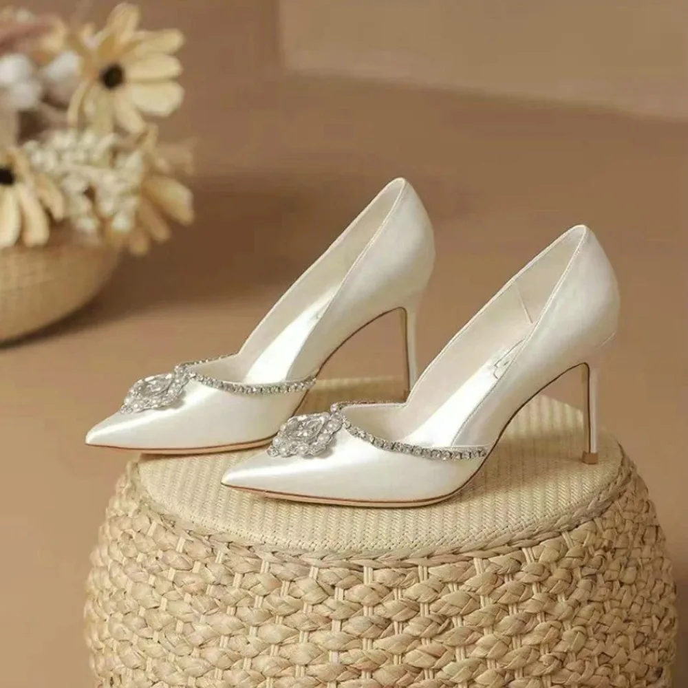 Spring and Summer New Pointed Shallow Rhinestone Satin Wedding Shoes Thin High-heeled Banquet Dress Large-size Women's Sandals