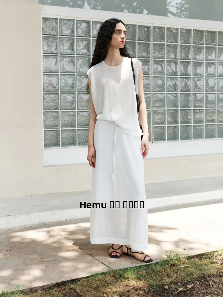 

Amor Linen Knitted Gauzy Svel Skirt Loose Fit Midi Skirt Transparent Feel Casual Sle Pure Color mid Waist Design