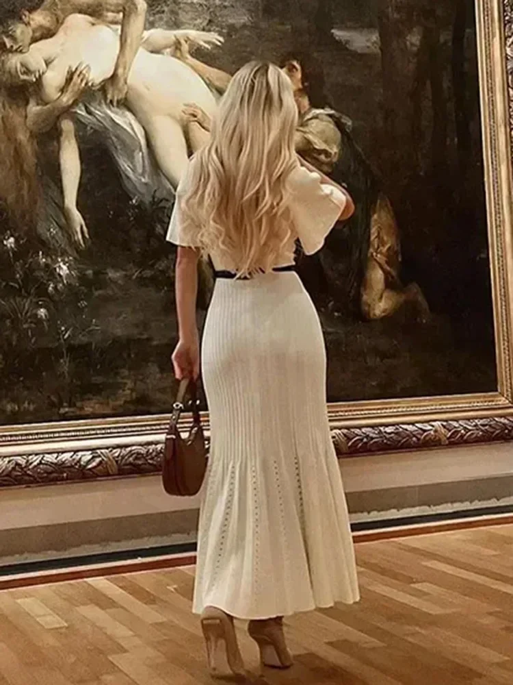 Cárdigan de cuello redondo de una sola botonadura para mujer, vestido Delgado sexy, Vestido largo de cola de pez de punto, ropa elegante para mujer, nuevo