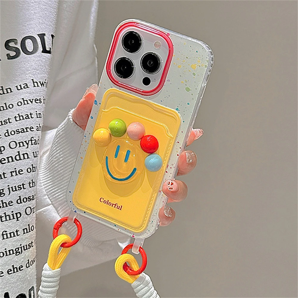 Korean Cute 3D Colorful Happy Ball Wallet With Chain Phone Case For iPhone 15 14 13 11 12 Pro Max Plus X XR Card Lanyard Cover