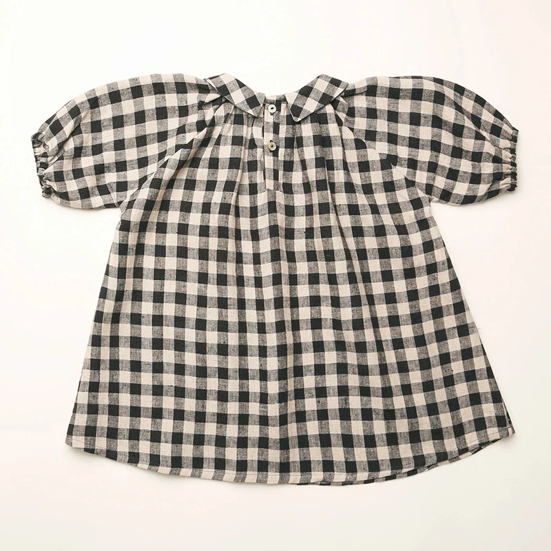 Retro Black Plaid Summer Girls Dress 2023 New Children\'s Doll Collar Casual Cotton Puff Sleeve Dresses With Pockets TZ241