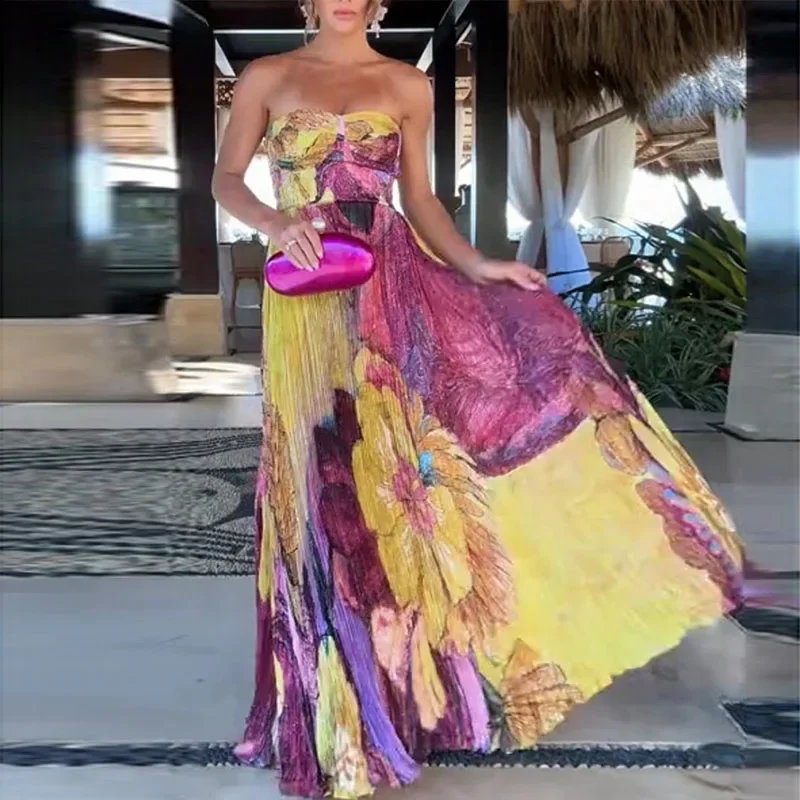 2025 New Sexy Sling High Waist Party Dress Woman Elegant Pleated Print Robes Dress Summer Fashion Sleeveless Hollow Boho Dresses