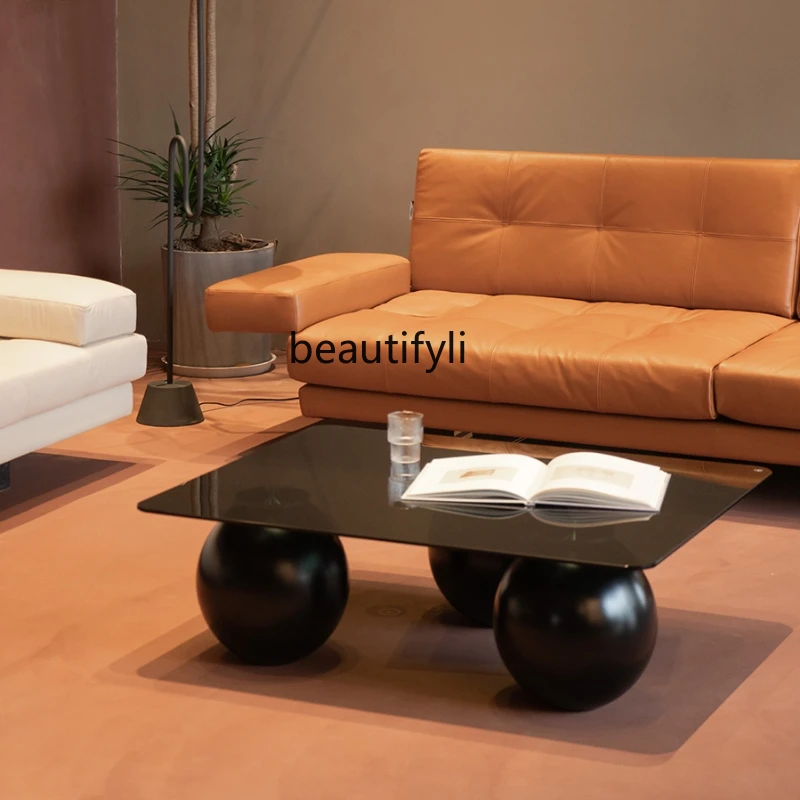 

Nordic Coffee Table/Solid Wood Ball Artistic Living Room Sofa Tea Table Square Glass Marble Table Top