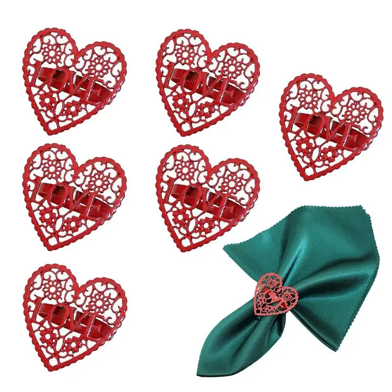 

6pcs valentine day napkins holder thanksgiving Napkin Ring Holder Red Hollow Out Heart Napkin Holders For Table Decorations