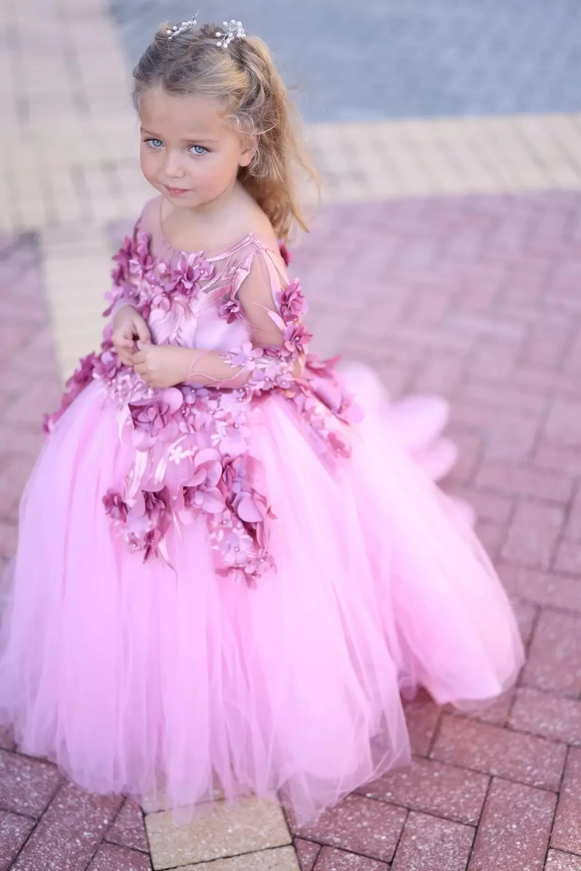 Pink Lovely Cute Flower Girl Dress Gorgeous Fairy Tulle Lace Decal Princess Ball First Communion Dresses Kids Birthday Present