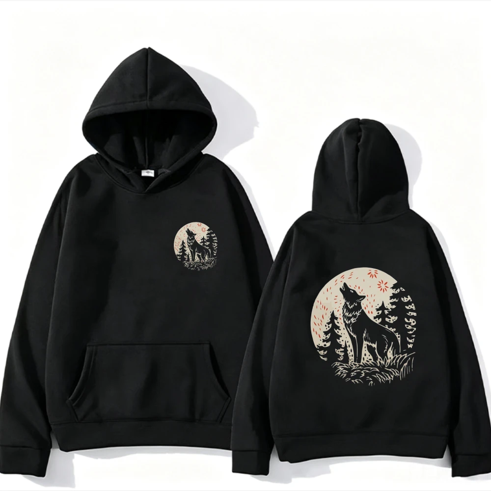 Floral Wolf Moon Graphic Women Hoodie Fun Print Wildflower Howling Wolf Nature Pullover Hoody Sweatshirt Vintage Boho Women Top